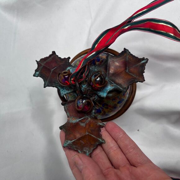 Glass Ball Ornaments wrapped in Copper with Metal Holly Leaves Set of 2 - Picture 3 of 8
